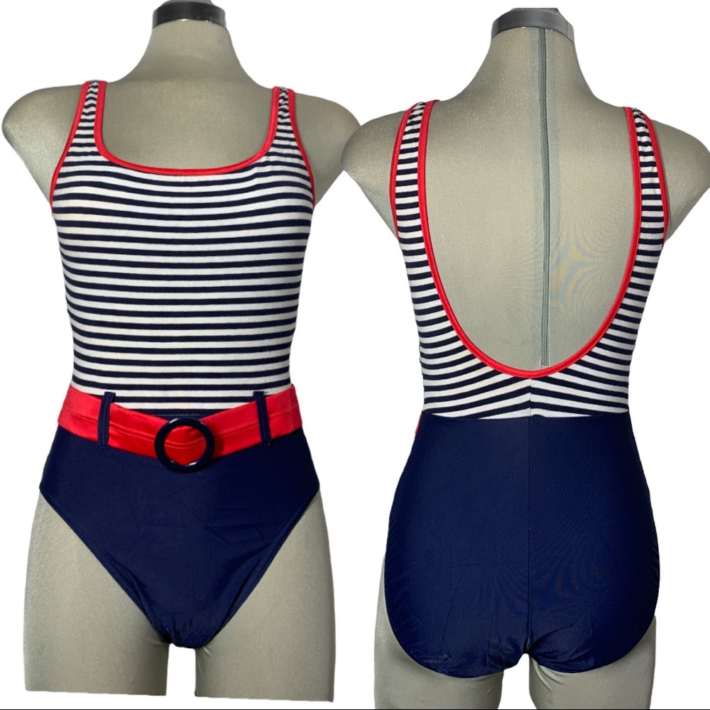 FIT SYSTEM Blue white and Red Striped Swimsuit